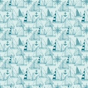 Tiny Scale / Sailboats / Teal On Mint Background