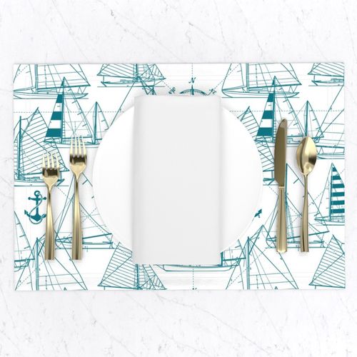 Large Scale / Sailboats / Teal On White Background