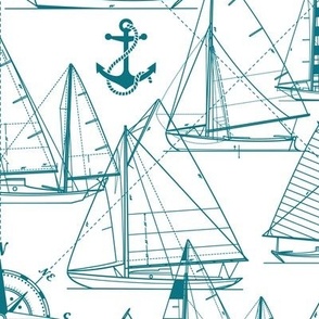 Large Scale / Sailboats / Teal On White Background