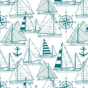 Small Scale / Sailboats / Teal On White Background