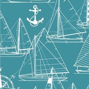 Large Scale / Sailboats / White On Teal Background