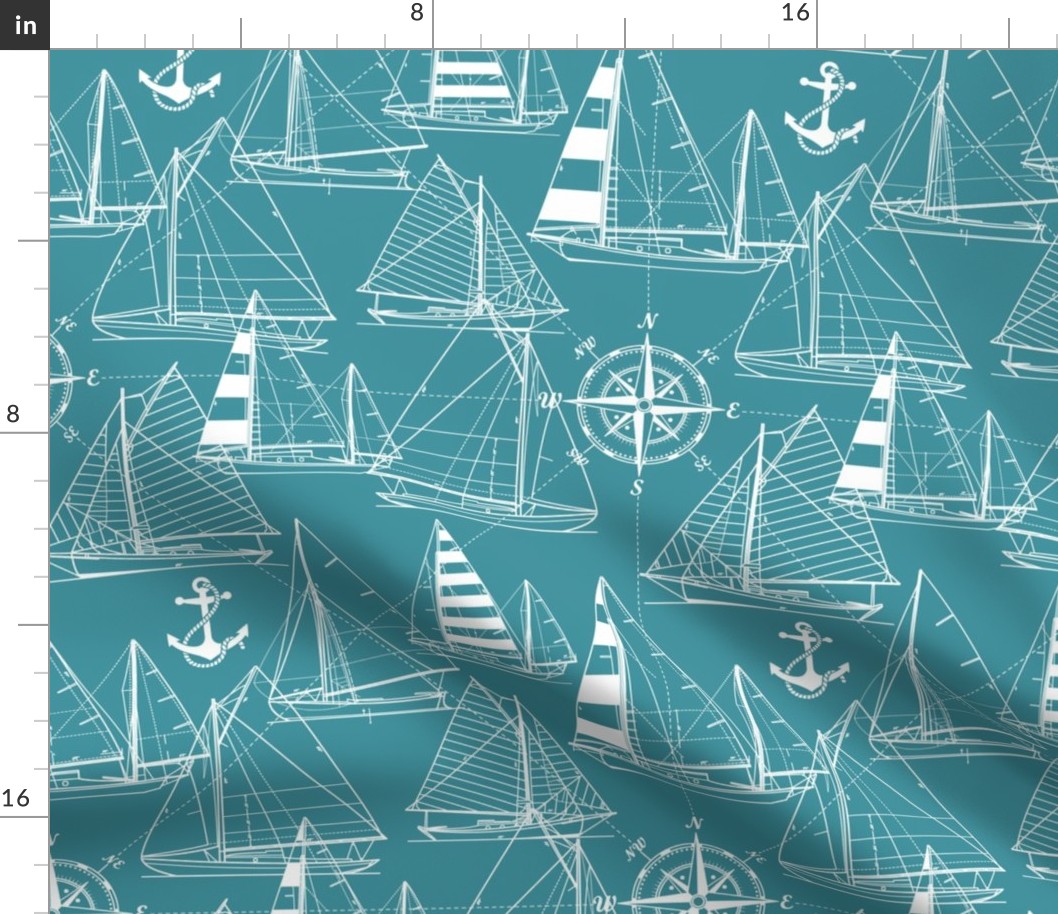 Large Scale / Sailboats / White On Teal Background