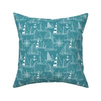 Small Scale / Sailboats / White On Teal Background