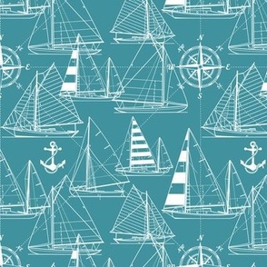 Small Scale / Sailboats / White On Teal Background