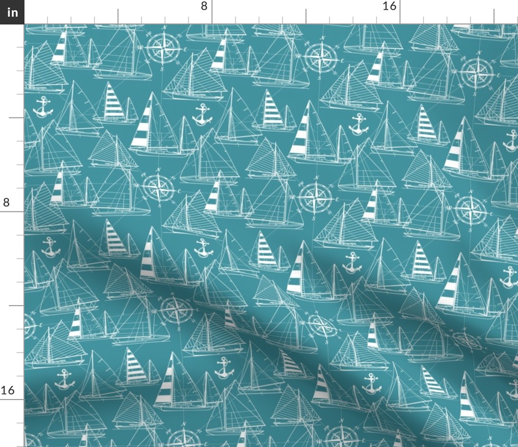 Small Scale / Sailboats / White On Teal Background