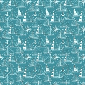 Tiny Scale / Sailboats / White On Teal Background