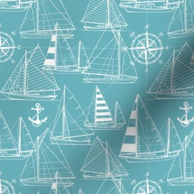 Small Scale / Sailboats / White On Turquoise Background
