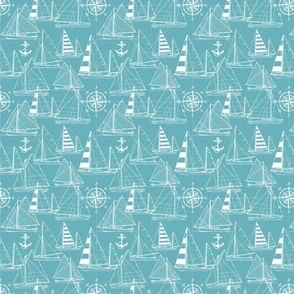 Tiny Scale / Sailboats / White On Turquoise Background