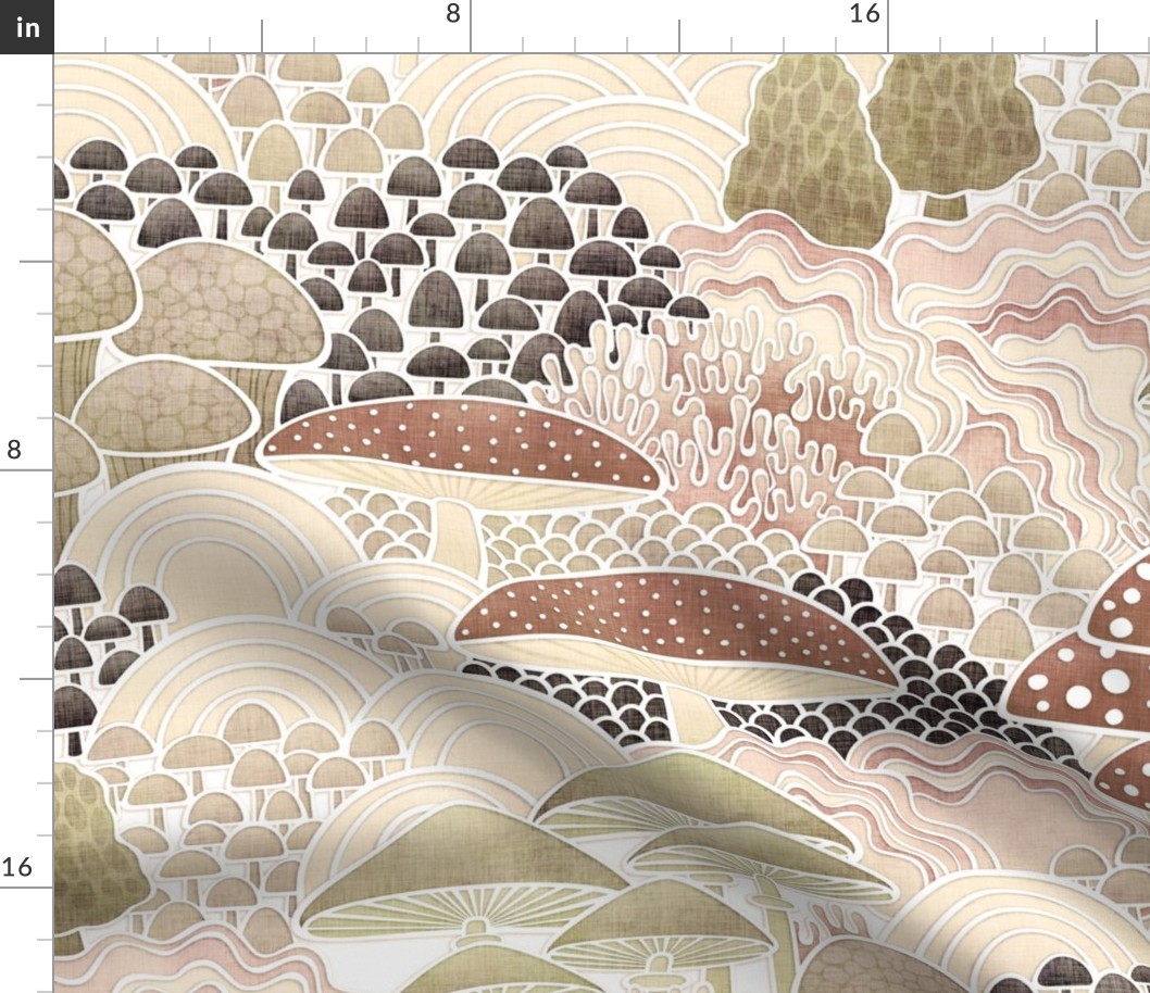 Mushrooms Field Extra Large- Earth Tones- Magical Mushrooms Fabric-  Neutral Colors- Sienna- Beige- Sand- Tan- Cooper- Brown- Bronze- Ecru- Khaki- Wallpaper- Large Scale- Duvet Cover