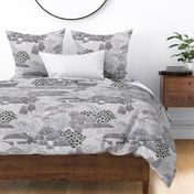 Mushrooms Field Extra Large- Grey- Magical Mushrooms Fabric-  Neutral Colors- Gray- Silver- Platinum- Wallpaper- Large Scale- Duvet Cover