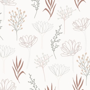 Minimalist wild flowers in neutral boho/ large / hand drawn elegant flroal for wallpaper and bed linen