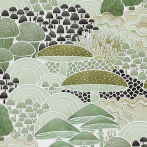 Mushrooms Field Extra Large- Muted Greens- Earth Tones- Magical Mushrooms Fabric-  Neutral Colors- Moss Green- Artichoke Green- Teal- Sand- Beige- Wallpaper- Large Scale- Duvet Cover