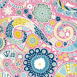 boho swirly floral // large scale - pink, blue, yellow, sage and green