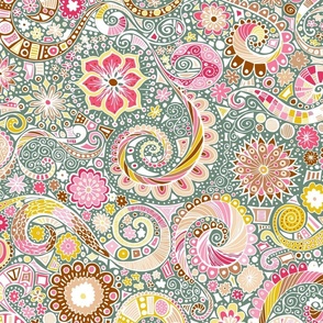 boho swirly floral - pink, yellow, sage and green