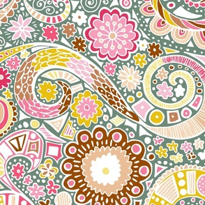 boho swirly floral // large scale - pink, yellow, sage and green