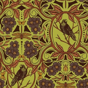 Crow & Dragonfly Floral in Retro Olive Green & Orange