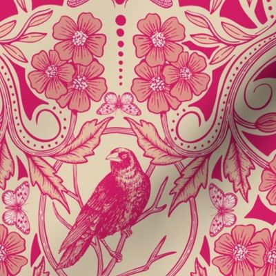 Hot Pink/Red & Cream Crow & Dragonfly Floral