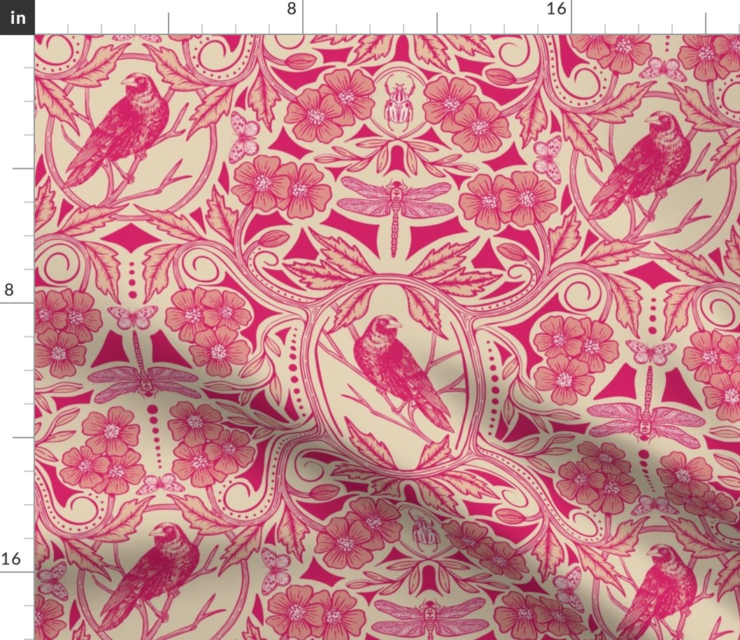 Hot Pink/Red & Cream Crow & Dragonfly Floral