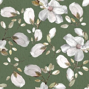 Dark Green Magnolia Flowers / Watercolor / White