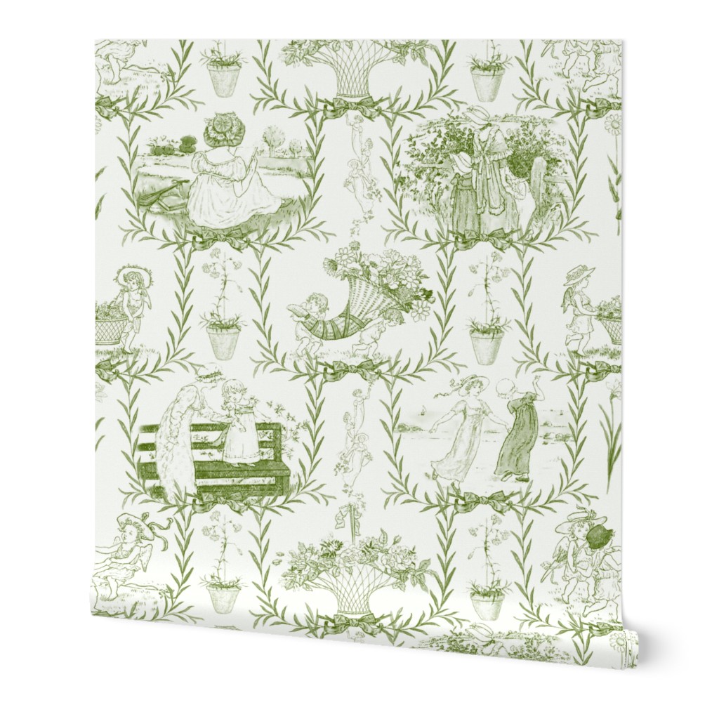 Kate Greenaway Toile ~ Green & White ~ Language of the Flowers