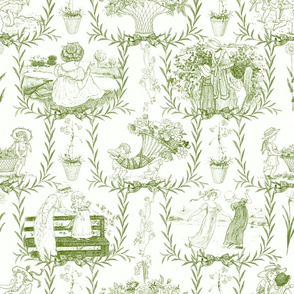 Kate Greenaway Toile ~ Green & White ~ Language of the Flowers