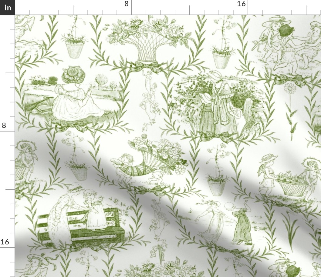 Kate Greenaway Toile ~ Green & White ~ Fabric | Spoonflower