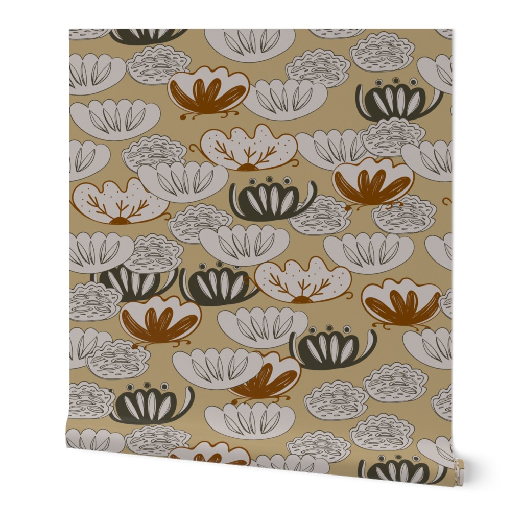 Water lily, lotus leaves flower simple lines Asian Japanese Chinese style gray beige tan background. Trend of the season. 