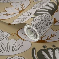 Water lily, lotus leaves flower simple lines Asian Japanese Chinese style gray beige tan background. Trend of the season. 