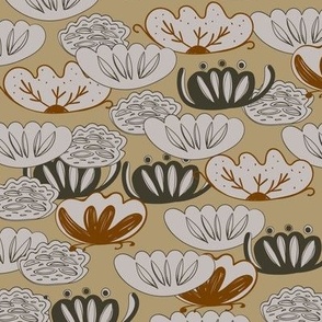 Water lily, lotus leaves flower simple lines Asian Japanese Chinese style gray beige tan background. Trend of the season. 