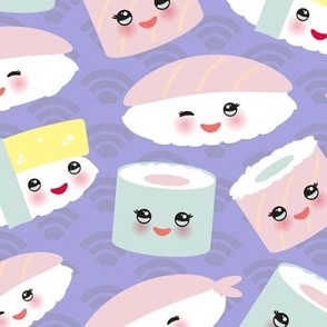 Kawaii funny sushi with pink cheeks and big eyes, emoji. Petal Coordinates Limited Color Palette - Cotton Candy, Lilac, Seaglass