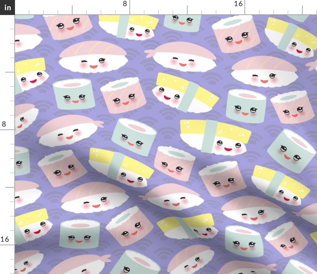 Kawaii funny sushi with pink cheeks and big eyes, emoji. Petal Coordinates Limited Color Palette - Cotton Candy, Lilac, Seaglass