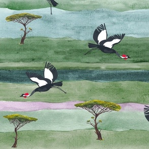 Watercolor African Savanna Birds And Acacia Trees