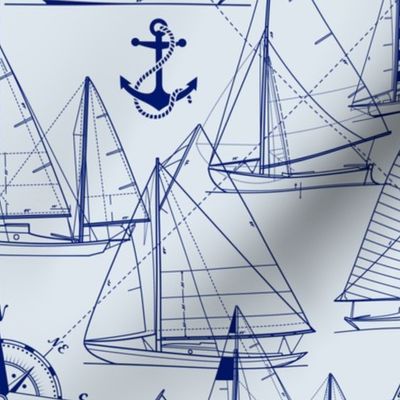 Large Scale / Sailboats / Dark Blue On Light Blue Background