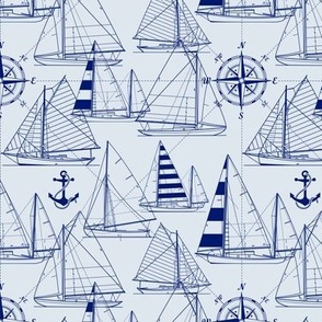 Small Scale / Sailboats / Dark Blue On Light Blue Background