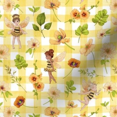 small scale bumble bee floral yellow gingham