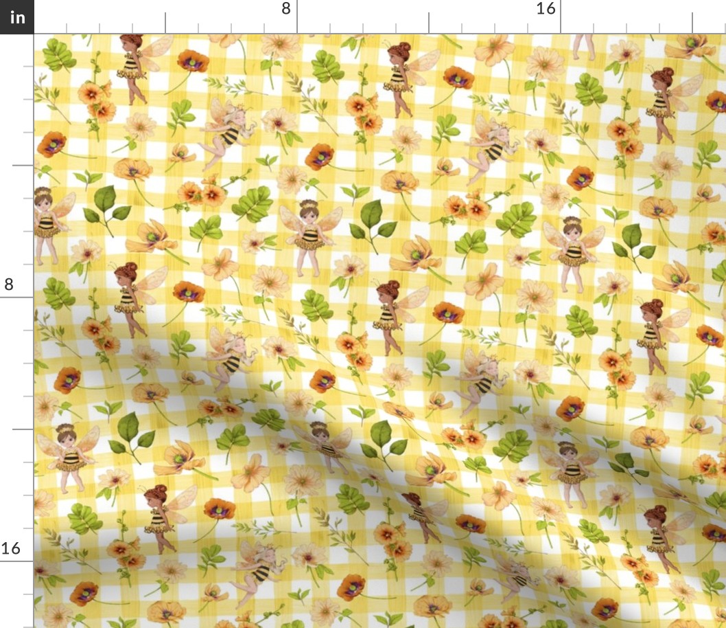 small scale bumble bee floral yellow gingham