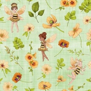 small scale bumble bee floral green linen