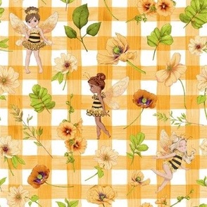 small scale bumble bee floral orange gingham