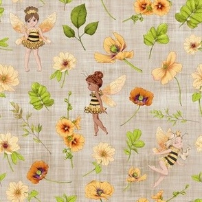 small scale bumble bee floral brown linen