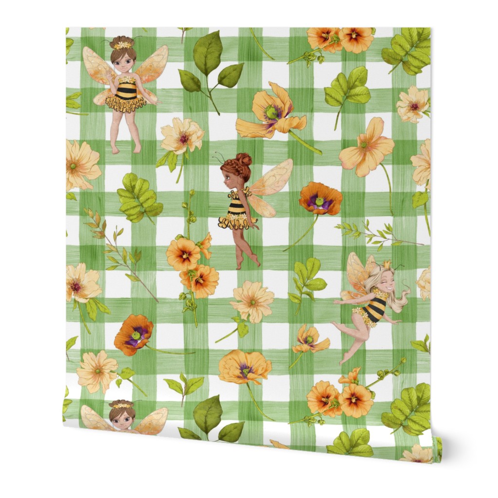 small scale bumble bee floral green gingham