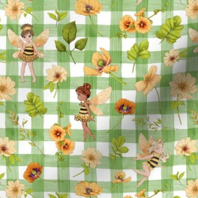 small scale bumble bee floral green gingham