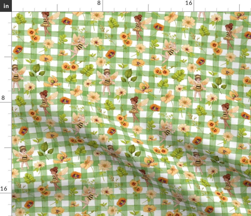 small scale bumble bee floral green gingham