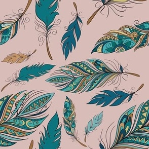 gentle turquoise feathers on a blue background seamless pattern