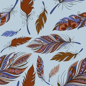 gentle brown feathers on a blue background seamless pattern