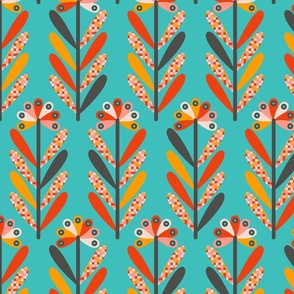 Blooms Mid-Century Modern Scandi Folk Floral in Retro Colours on Turquoise - MEDIUM Scale - UnBlink Studio by Jackie Tahara