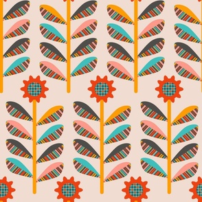 Sunflowers Mid-Century Modern Scandi Folk Floral in Retro Colours on Cream - LARGE Scale - UnBlink Studio by Jackie Tahara