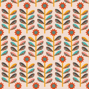 Sunflowers Mid-Century Modern Scandi Folk Floral in Retro Colours on Cream - MEDIUM Scale - UnBlink Studio by Jackie Tahara