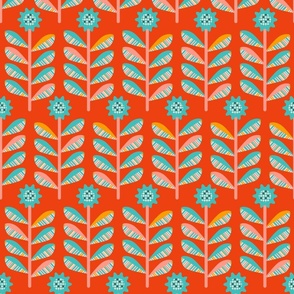 Sunflowers Mid-Century Modern Scandi Folk Floral in Retro Colours on Coral Red - MEDIUM Scale - UnBlink Studio by Jackie Tahara