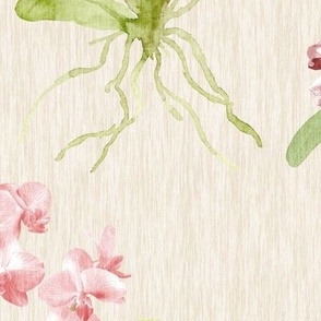 Large Peach Orchids on Cream Linen Texture