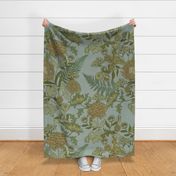 Neutral Garden blue linen  William Morris Style